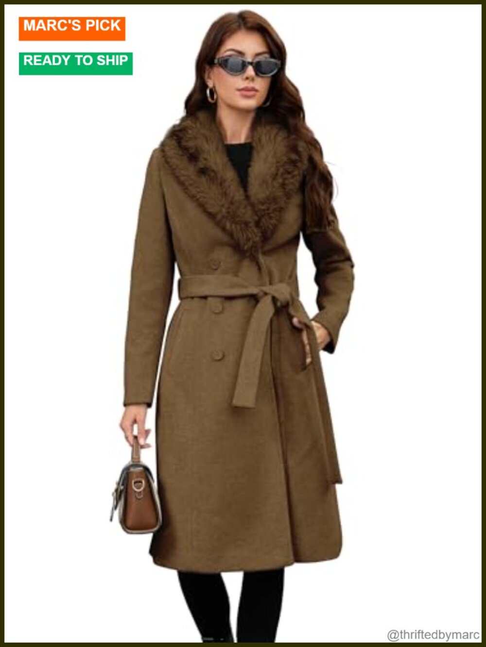 Women's Knee-Length Wool Blend Trench Coat Double-Breasted Belted Faux Fur